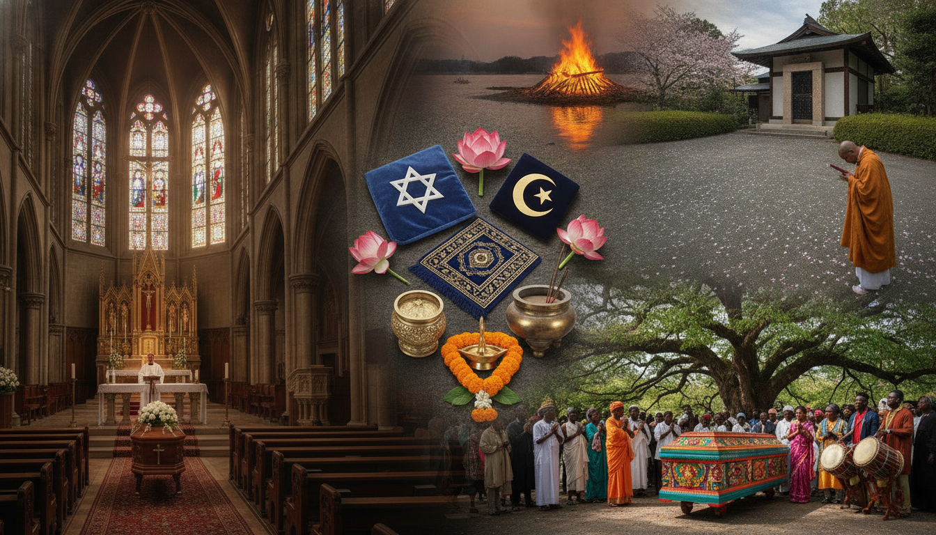 Diverse funeral service settings showing different cultural traditions