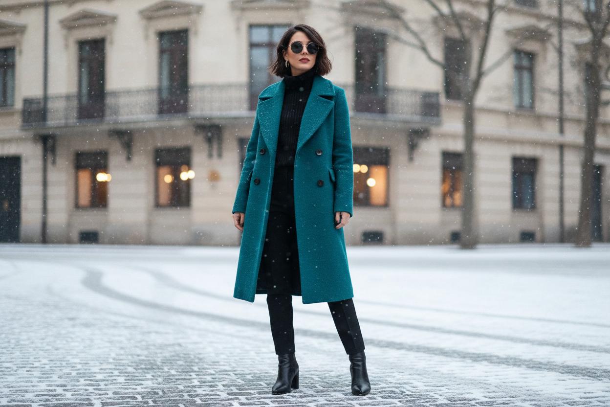 teal wool coat over all-black outfit for winter street style