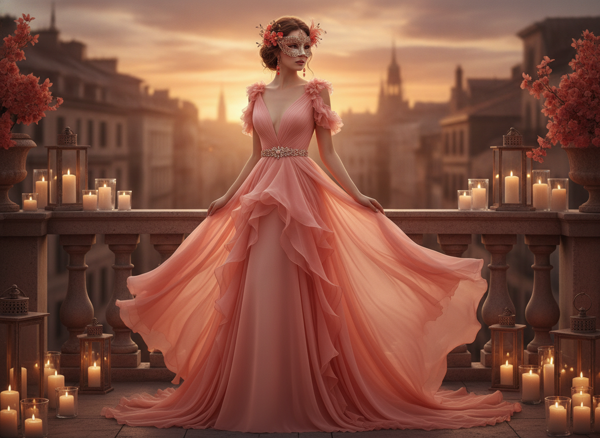 Coral colored masquerade dress with romantic details