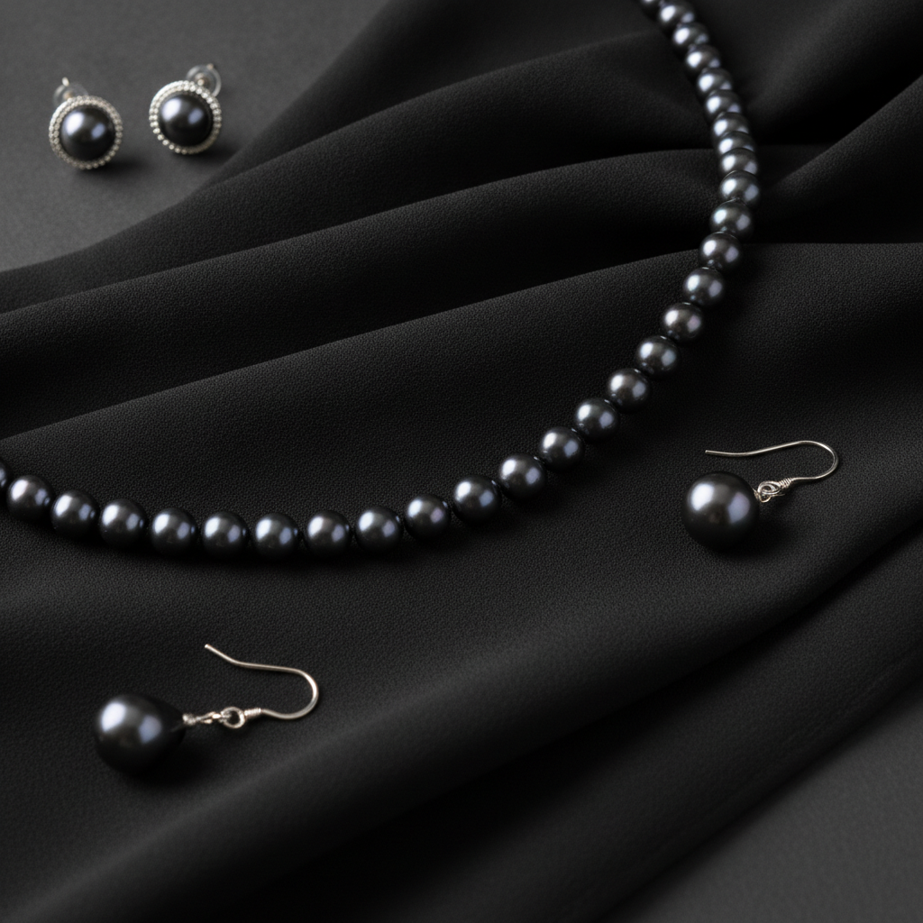 Close-up of black dress fabric texture and pearl jewelry details