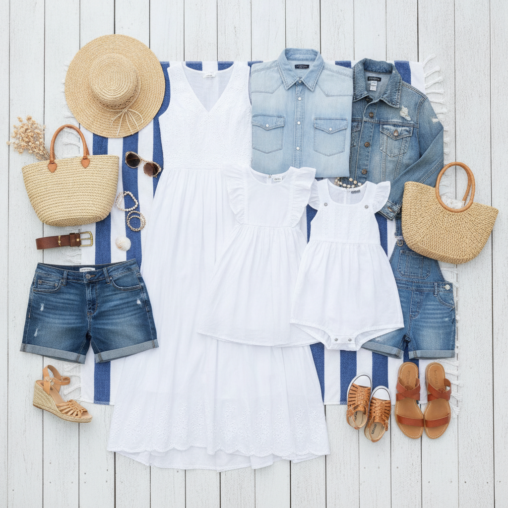 White and denim outfit combinations for summer family photos