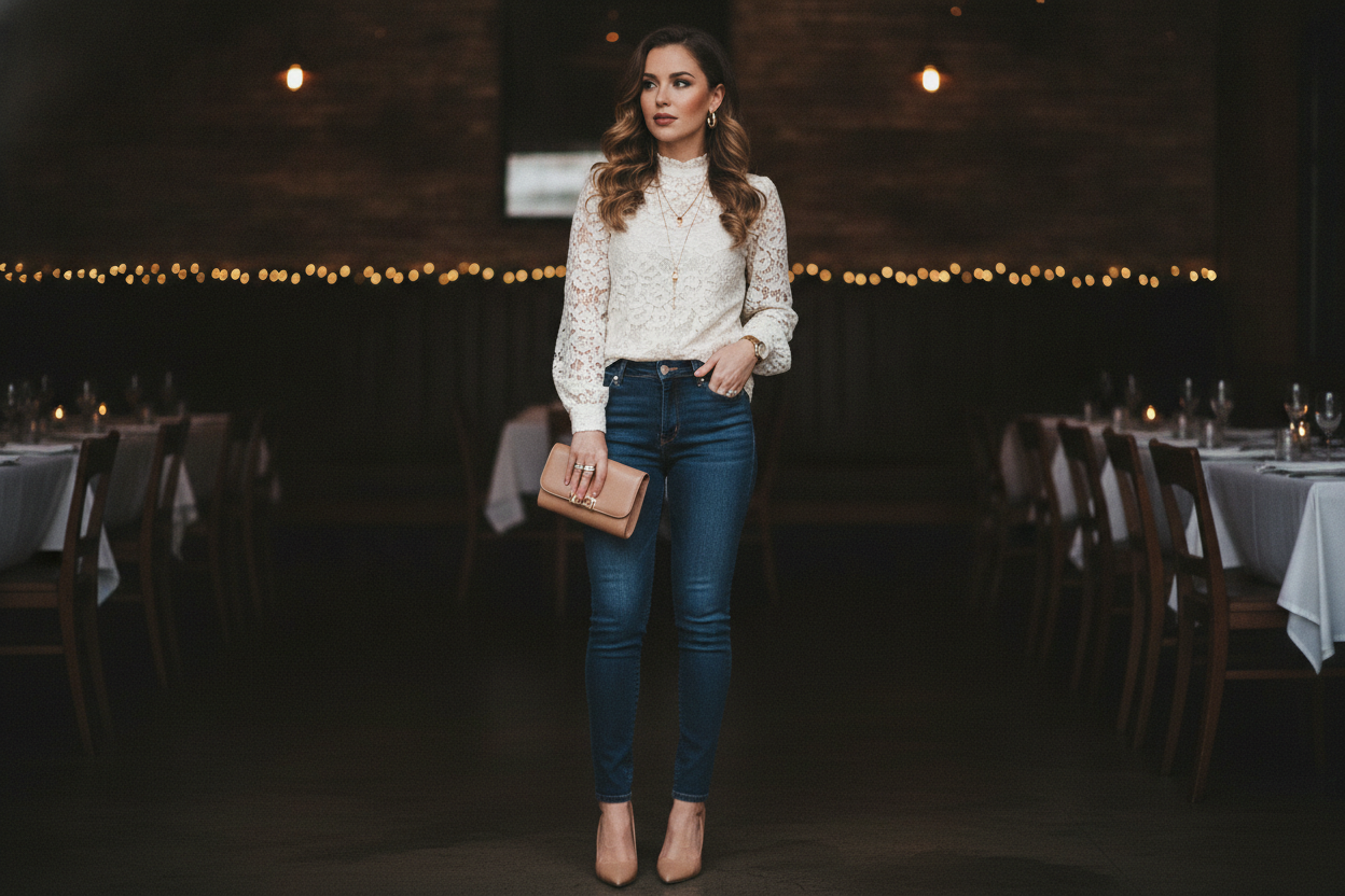 Lace top with dark jeans outfit