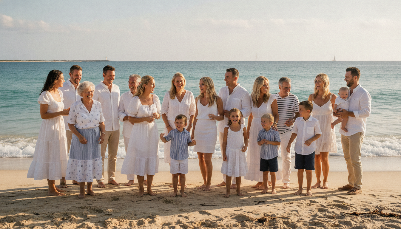 Family in light summer outfits at beach location
