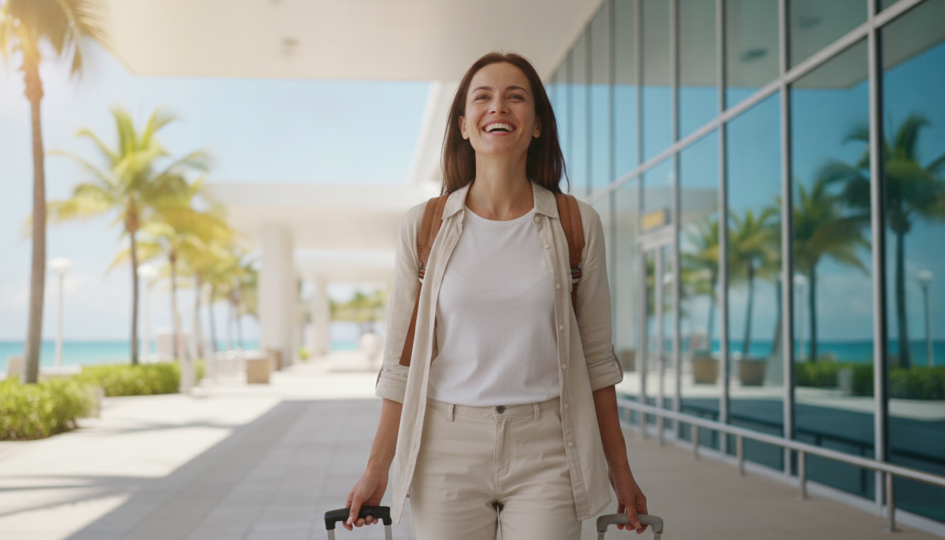 happy traveler arriving refreshed at destination