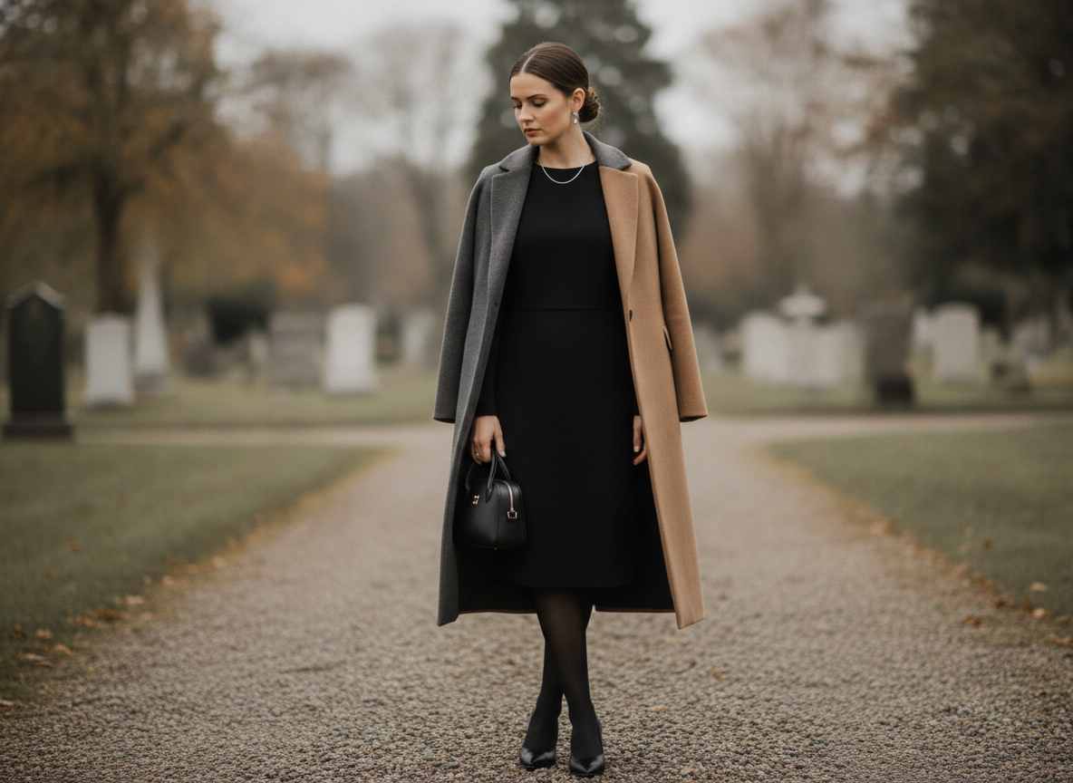 Woman wearing black dress with elegant coat for funeral