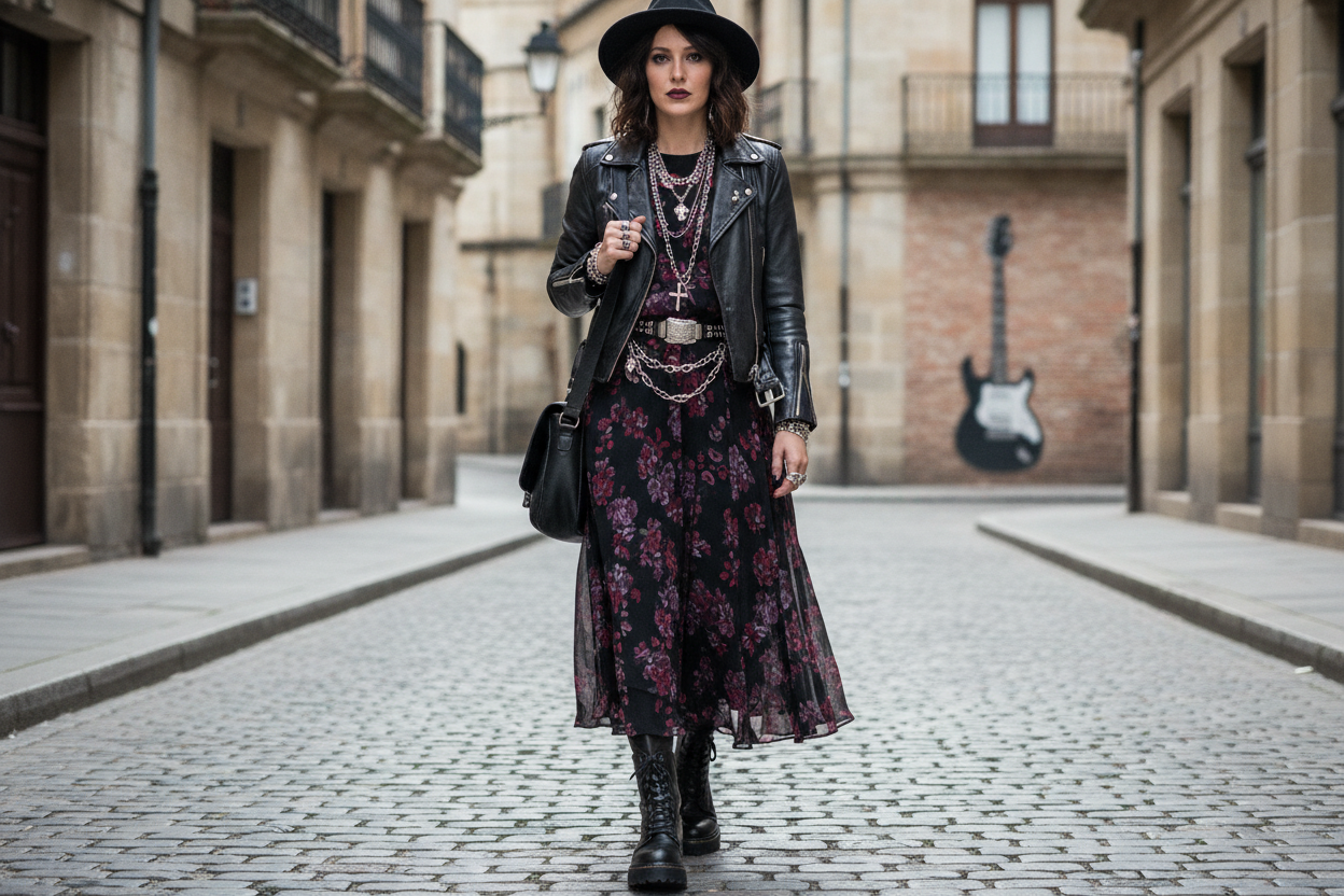 Leather jacket with dress and combat boots