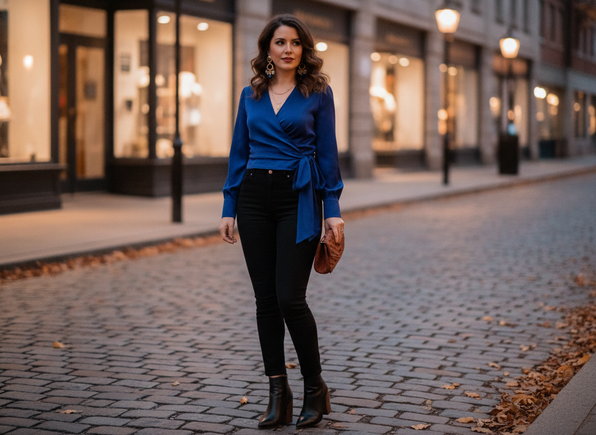 royal blue wrap top fall date outfit