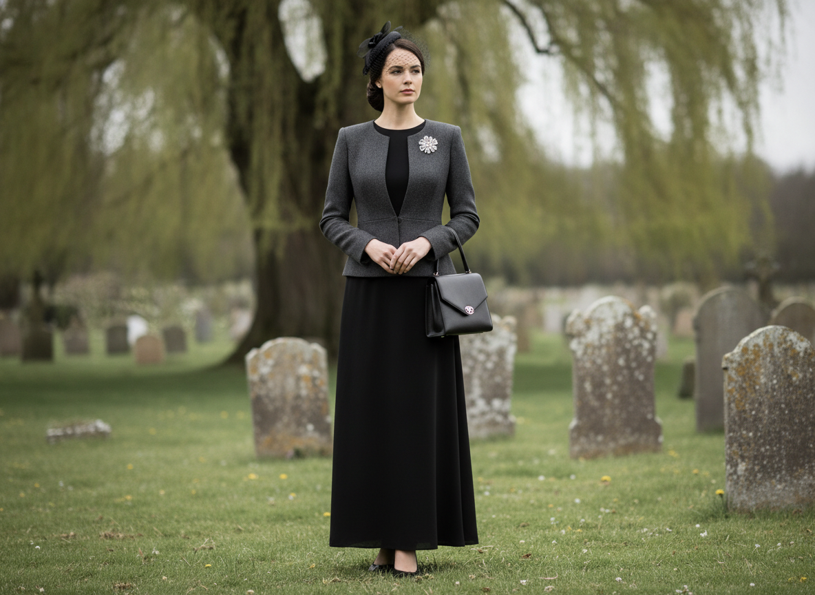 Woman wearing black maxi dress with jacket for funeral