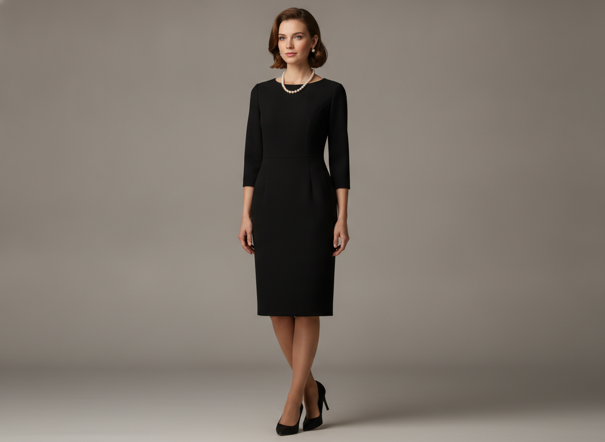 Woman wearing classic black funeral dress with pearl necklace and modest heels