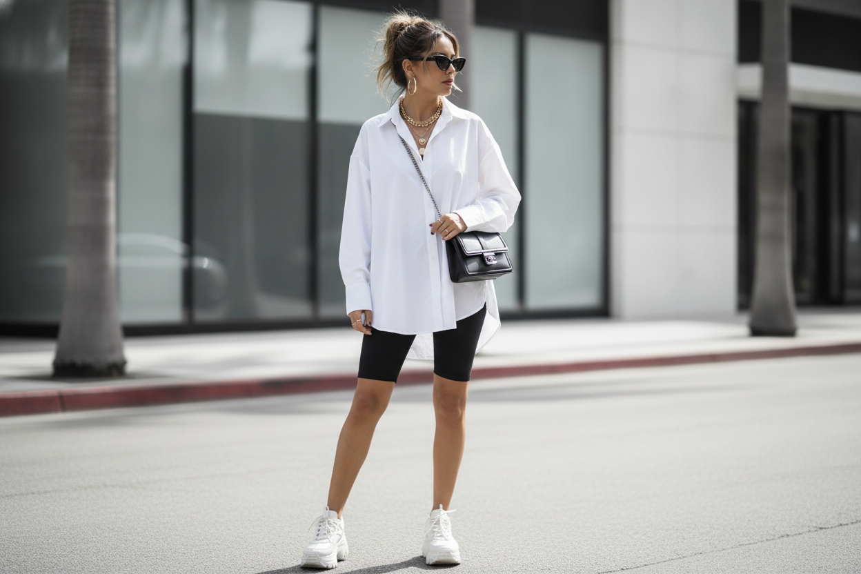 Oversized shirt with bike shorts outfit
