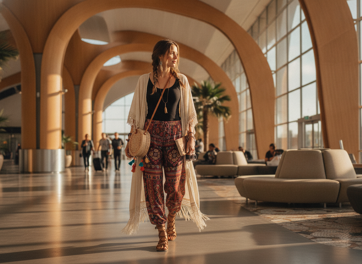 harem pants and tank top bohemian travel outfit