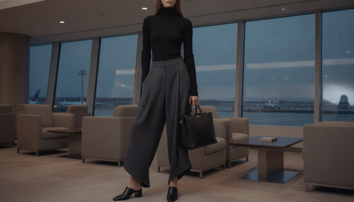 wide leg pants outfit with fitted top for airplane travel