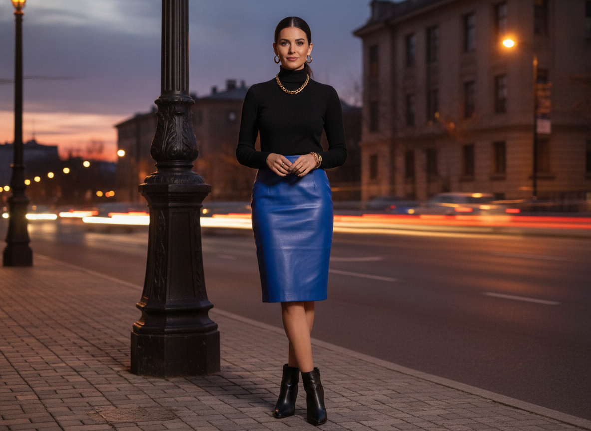 royal blue leather skirt fall evening outfit