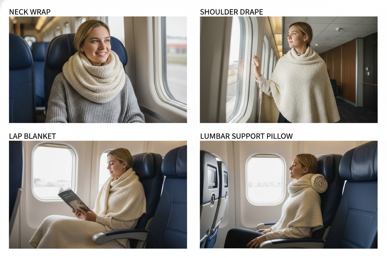 travel scarf shown in multiple uses