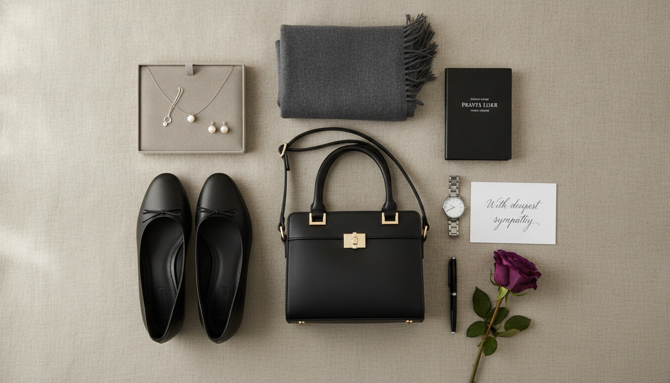 Funeral-appropriate accessories display including jewelry, bags, and shoes