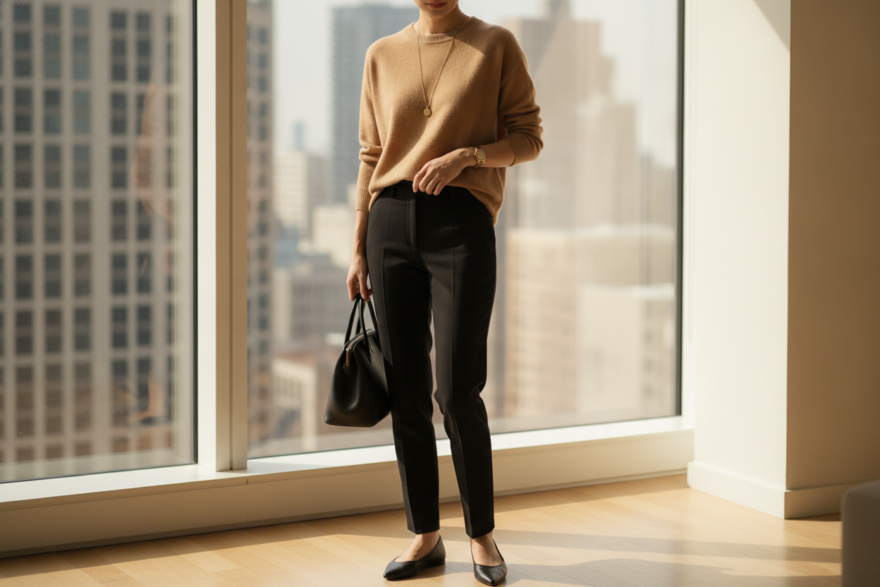 Cashmere sweater with tailored pants outfit