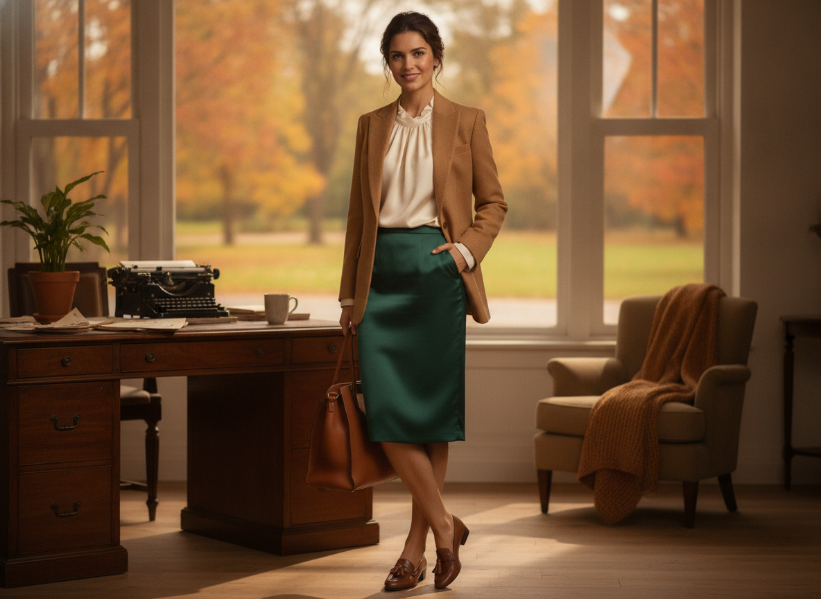 green skirt with blazer and loafers