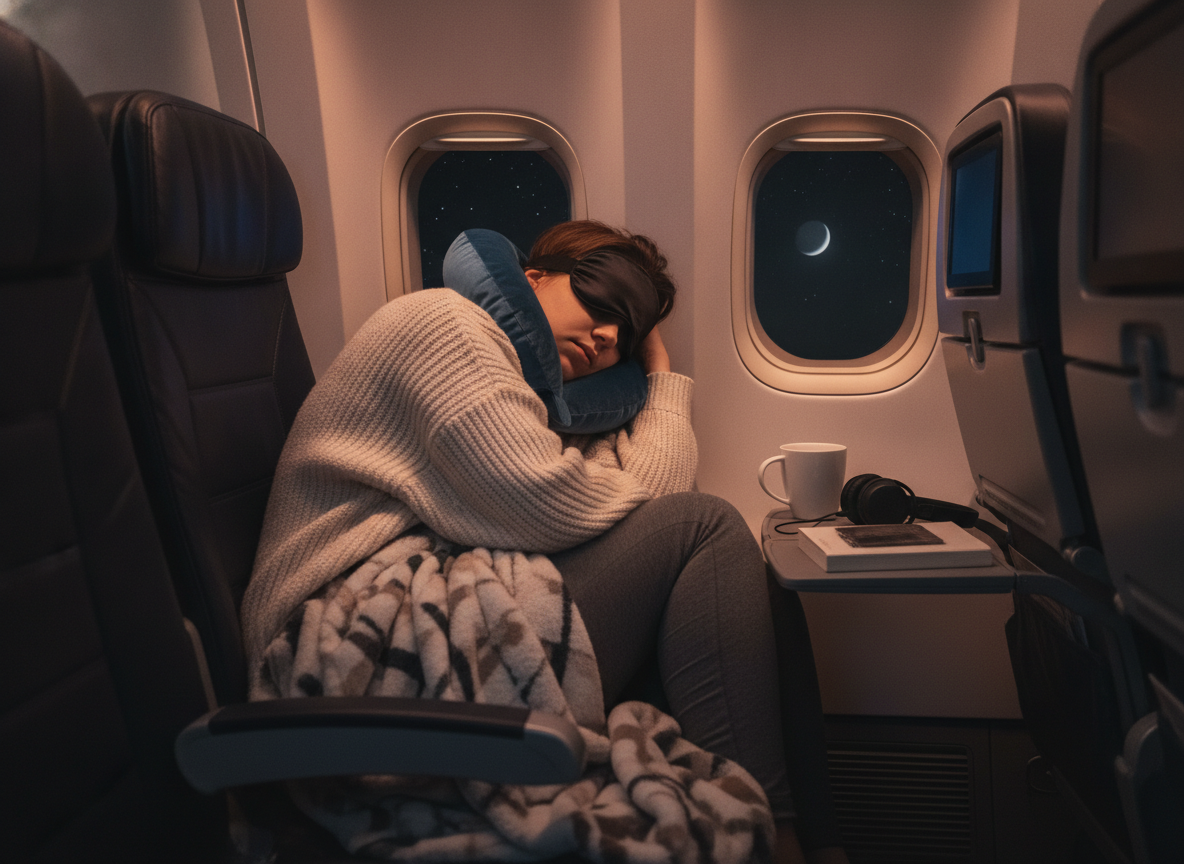 person sleeping comfortably on airplane in cozy outfit