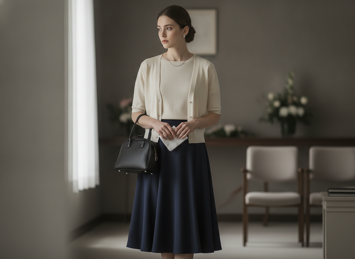Woman wearing navy skirt with cream sweater for funeral visitation