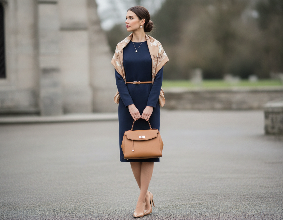 Navy dress with nude accessories showing color coordination