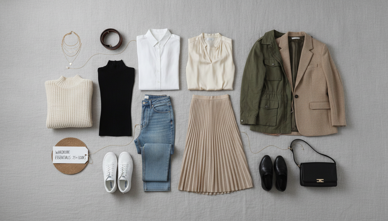 Mix and match wardrobe pieces laid out