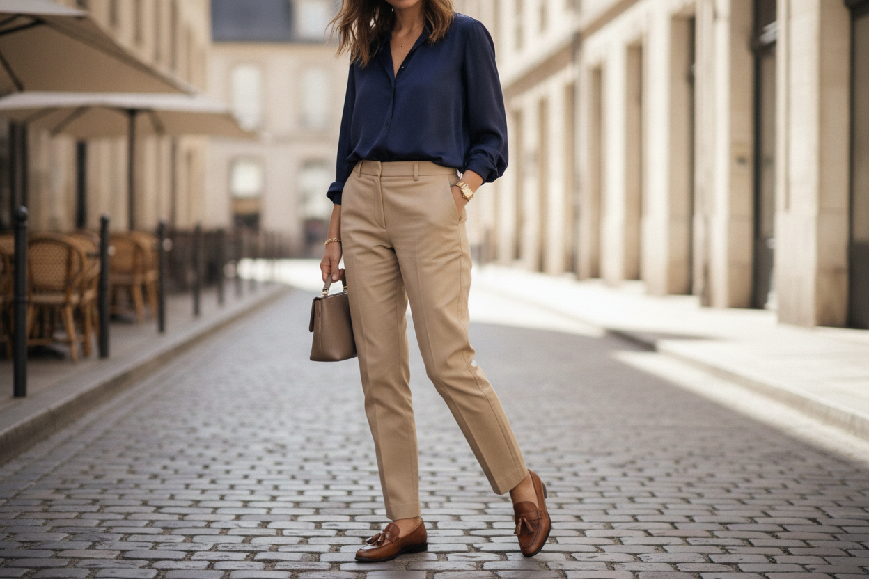 Chinos with silk blouse and loafers outfit