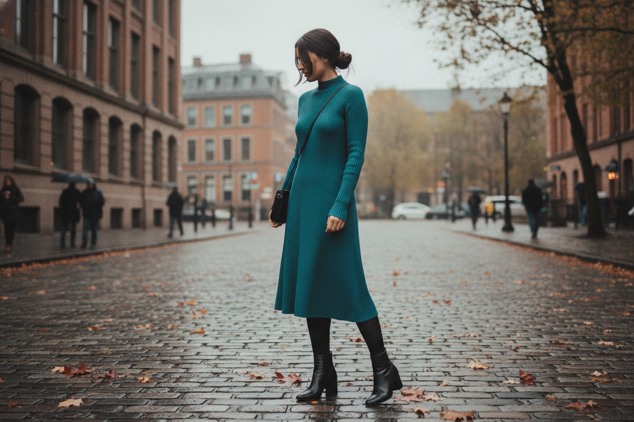 teal sweater dress with ribbed knit texture styled with black tights