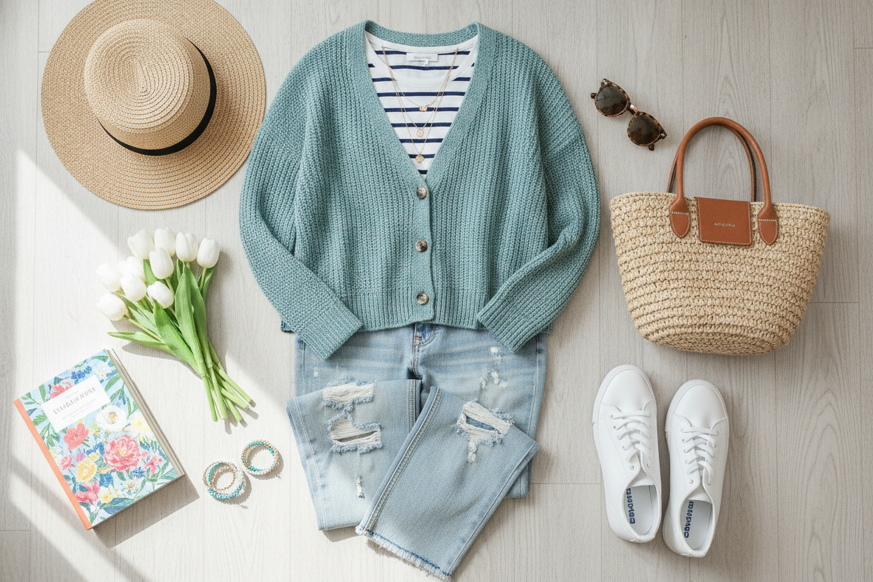teal knit cardigan layered over striped tee for spring layering