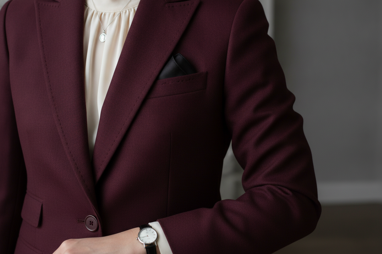 Burgundy suit details showing professional funeral attire quality