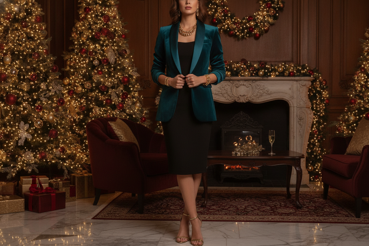 teal velvet blazer over black dress for winter holiday party outfit