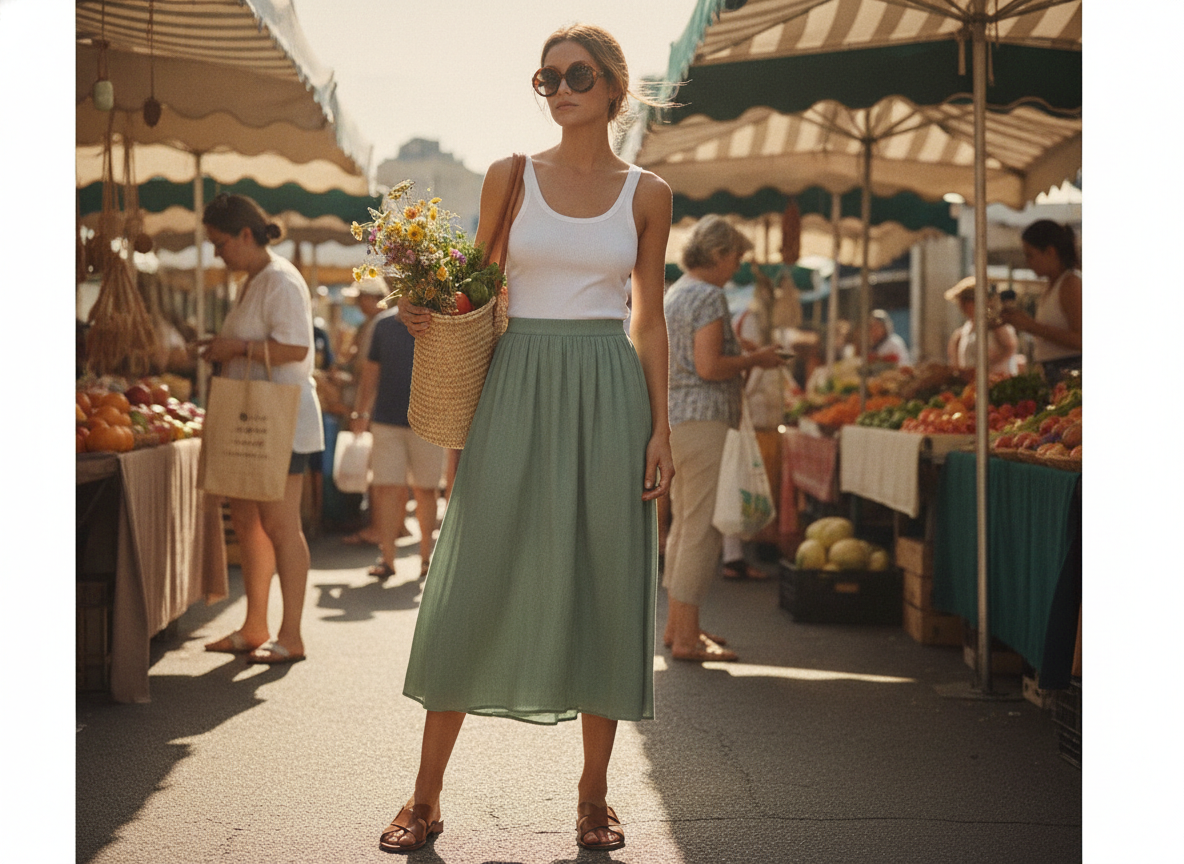 green skirt with tank top and slide sandals