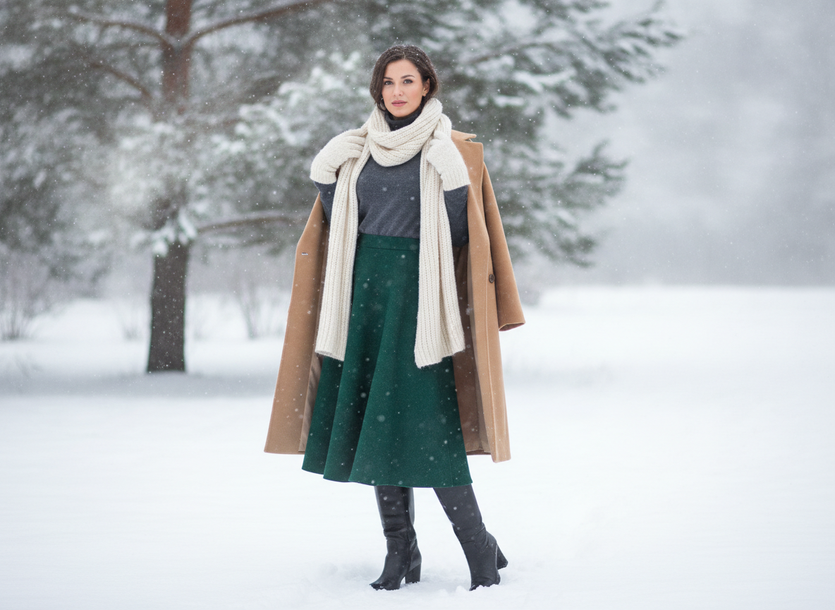 green skirt with tights, sweater and tall boots