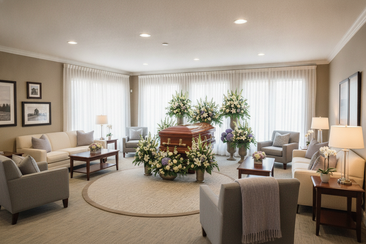 Funeral home visitation room showing respectful atmosphere and setting
