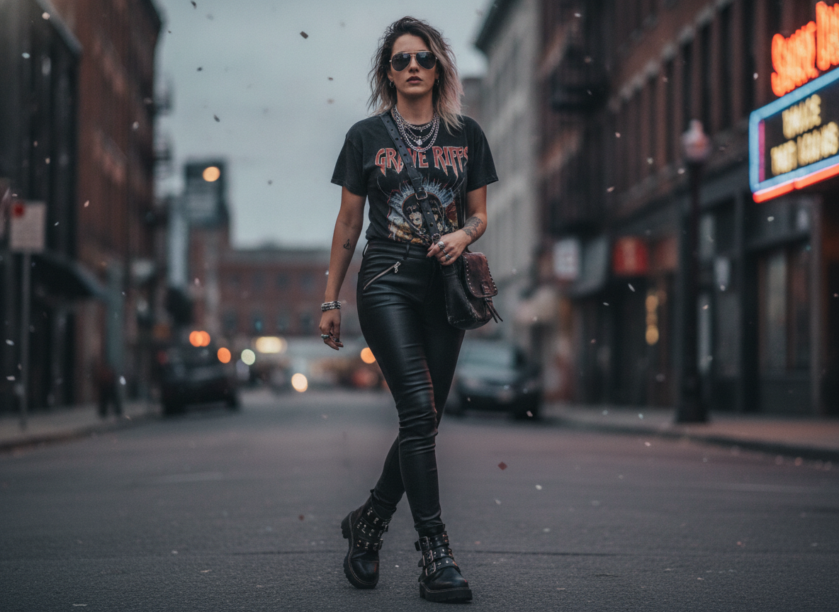 Faux leather pants with graphic tee outfit