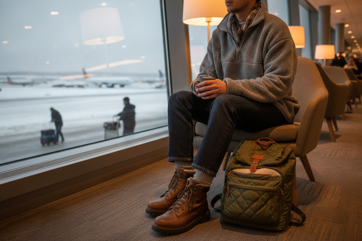 fleece pullover and jeans cozy airport outfit