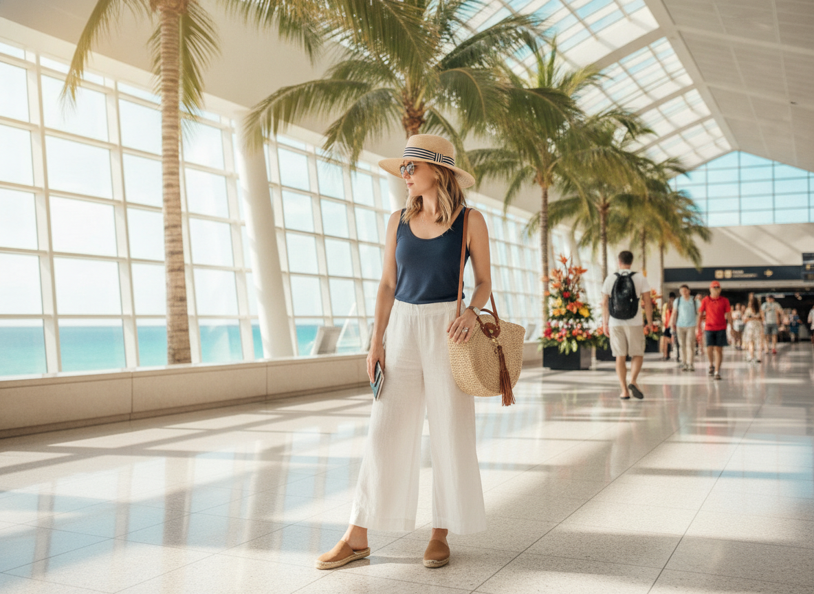 linen pants and tank top summer flight outfit