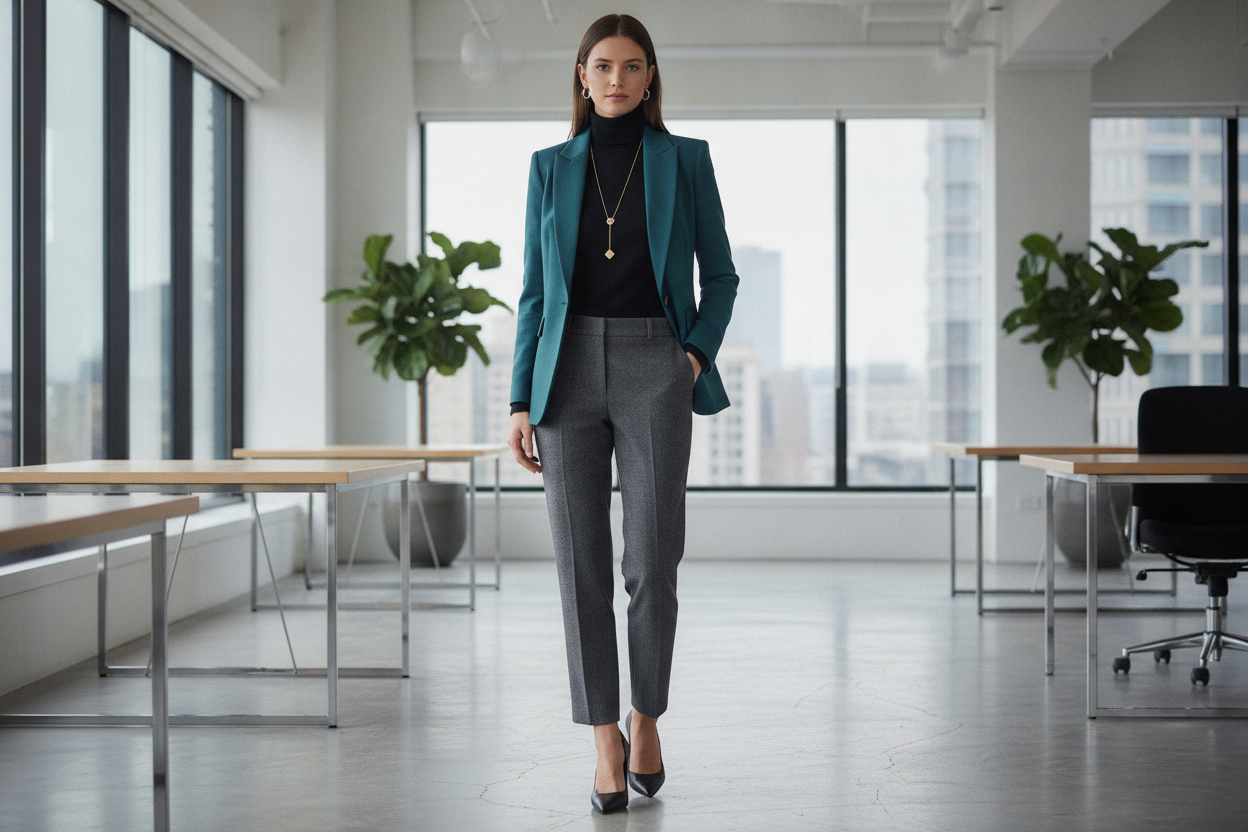 teal structured blazer over black turtleneck for professional fall outfit