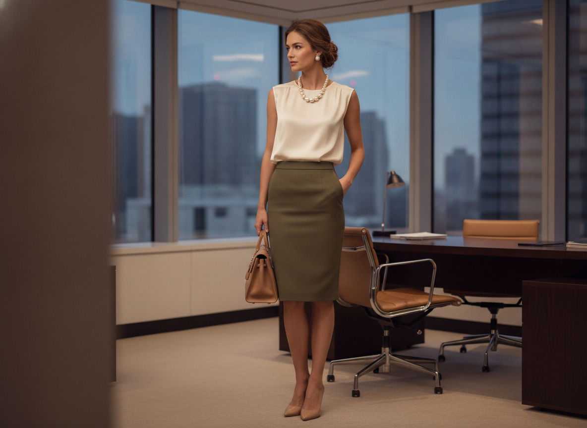 green pencil skirt with sleeveless blouse and nude pumps