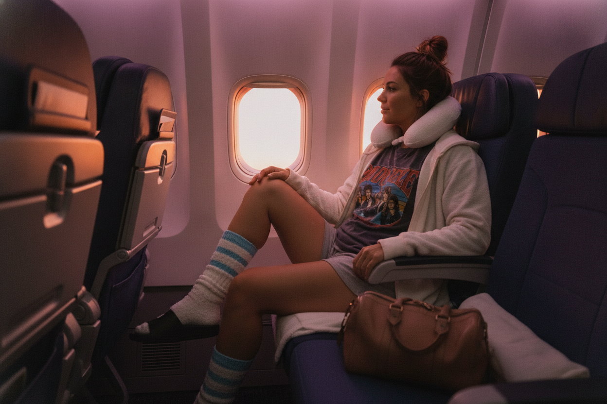 sleep shorts and oversized tee casual overnight flight outfit