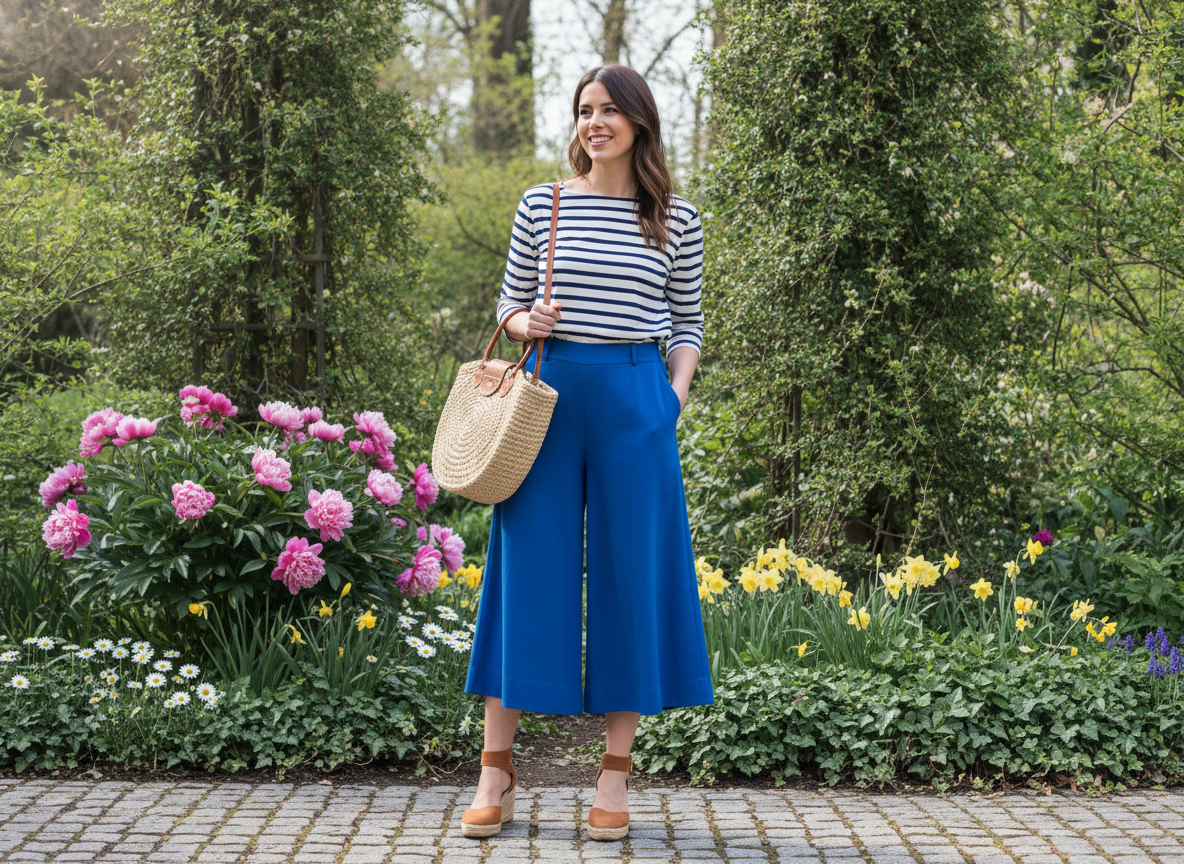 royal blue culottes outfit for spring