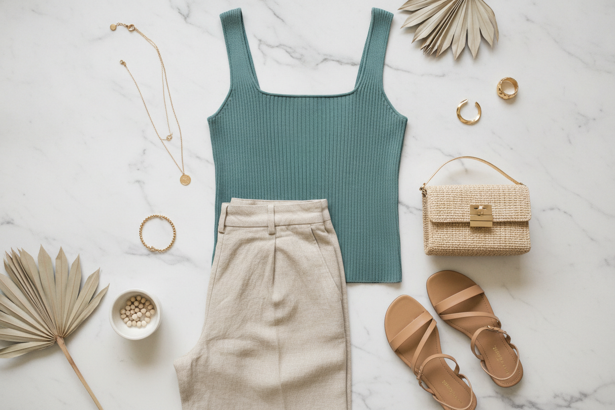 teal ribbed knit tank top styled with beige linen trousers for spring
