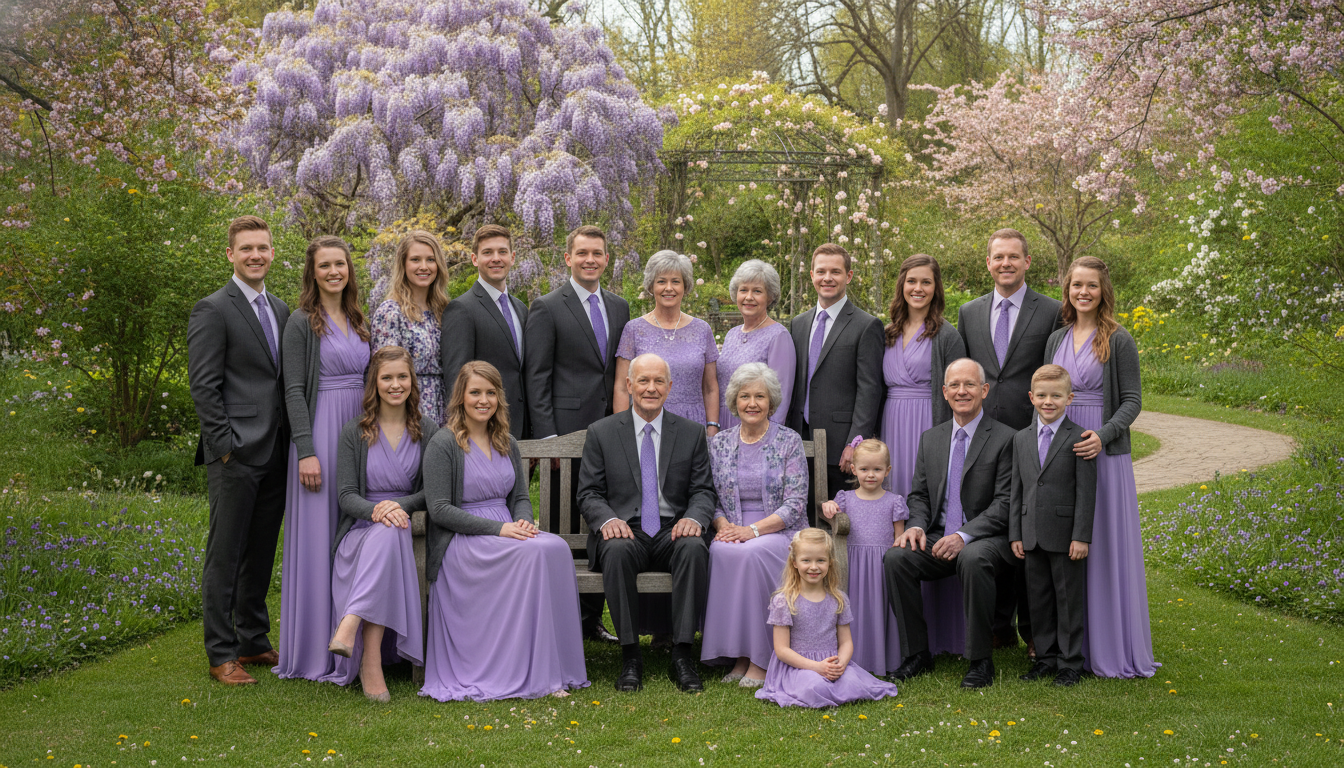 Family wearing lavender and gray coordinated outfits outdoors