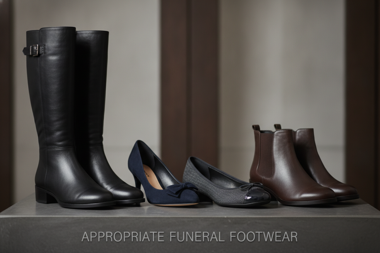 Appropriate funeral footwear for various terrains and seasons