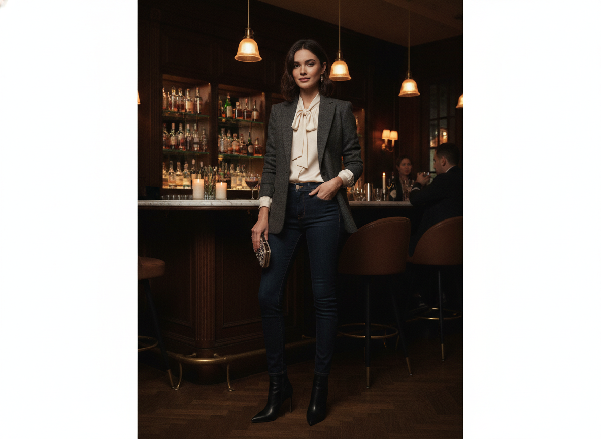dark denim and blazer fall bar outfit