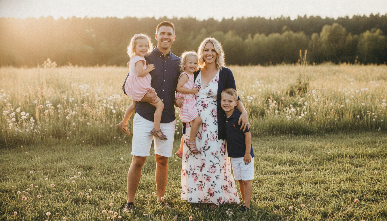 Coordinated family outfits for gender reveal party in complementary colors