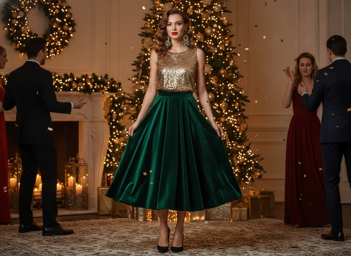 holiday party green skirt outfit