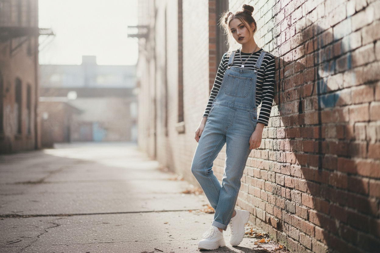 Overalls grunge 90s party outfit with striped shirt