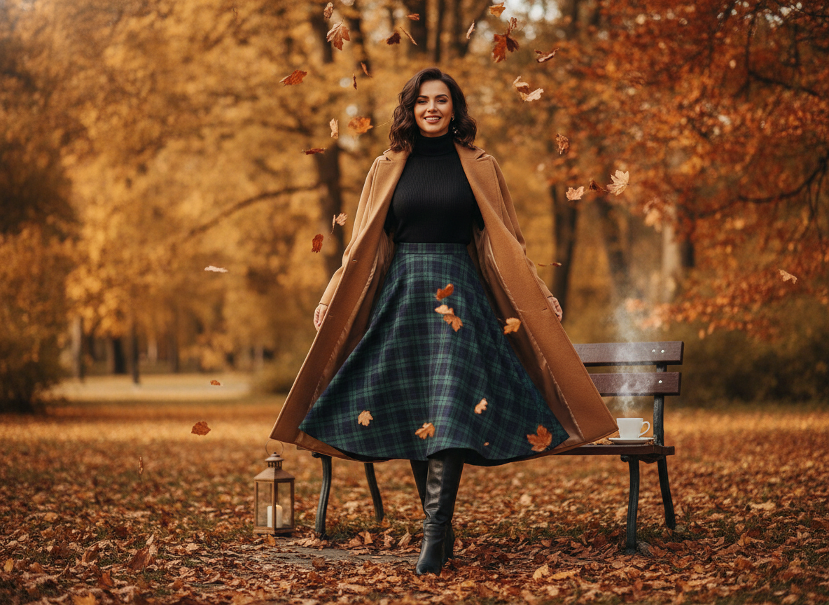 green plaid skirt with turtleneck and knee boots
