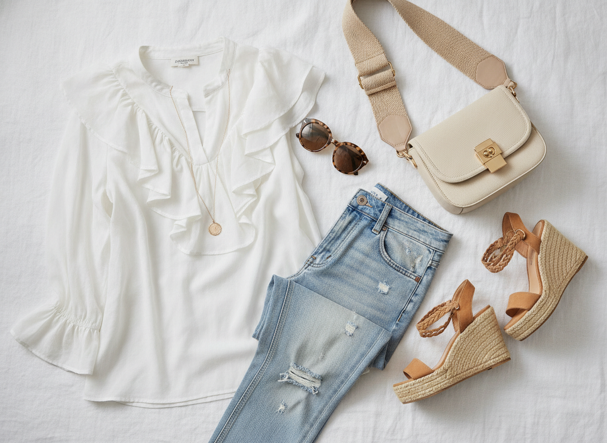 Casual white blouse and denim jeans outfit styled for a gender reveal party