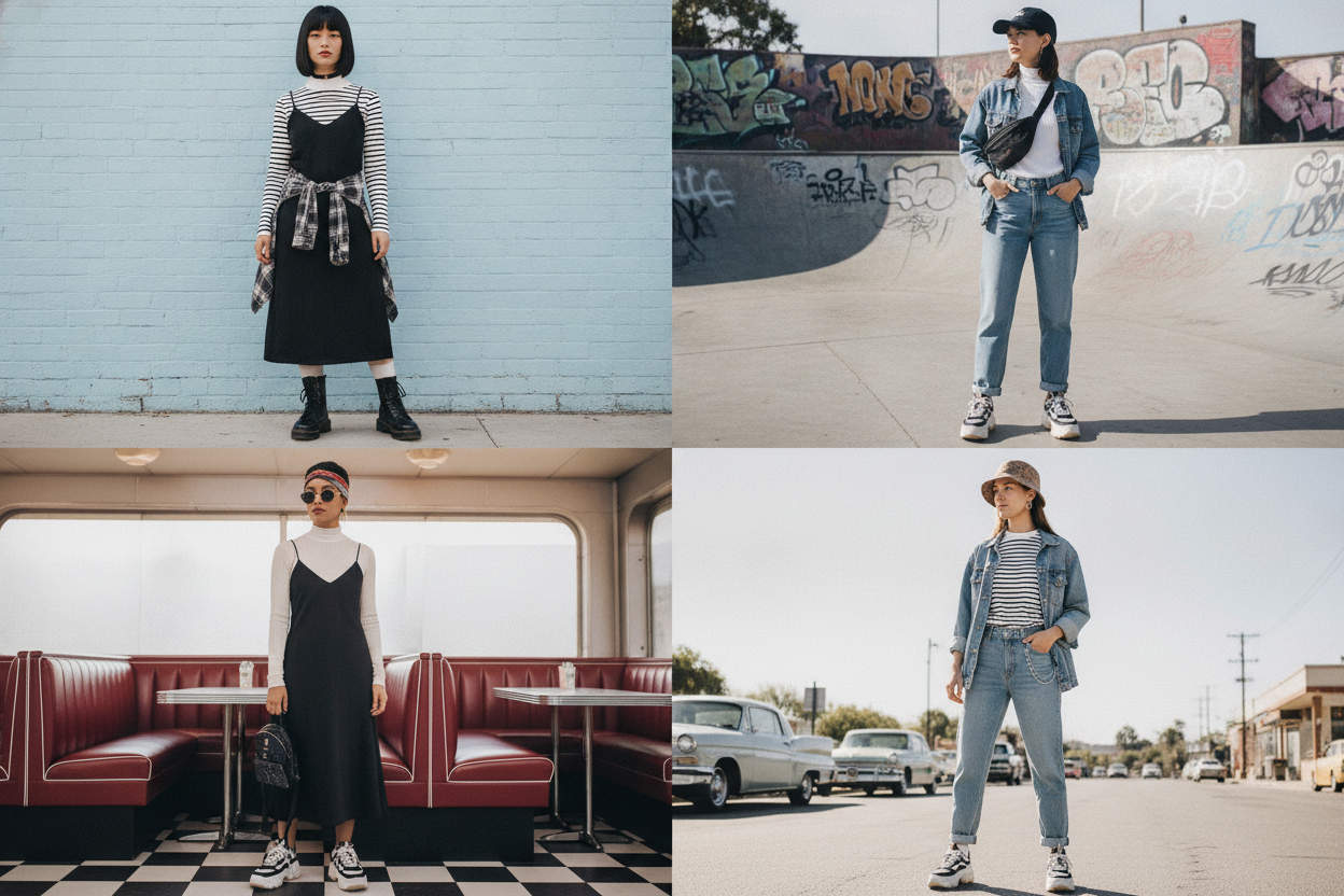 Multiple 90s outfit combinations from same pieces